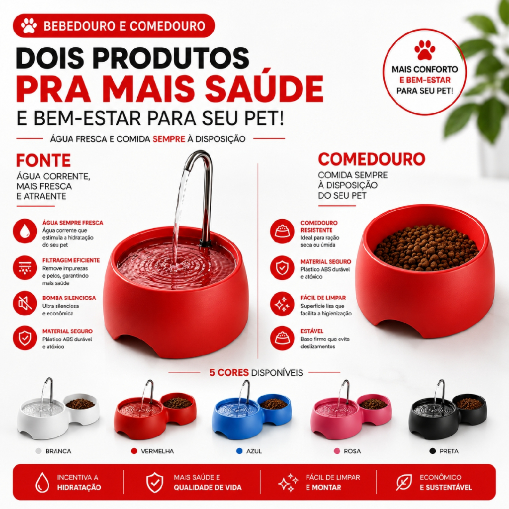 Fonte Bebedouro Cães e Gatos H2O Vermelho + Comedouro extra 600ml