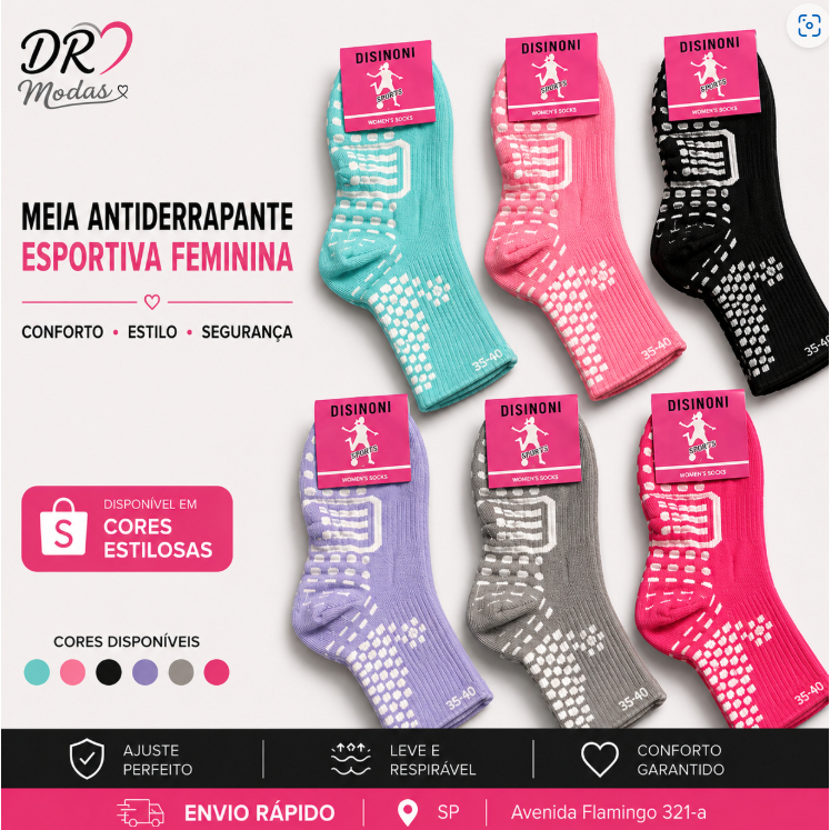 Meia Antiderrapante Feminina Esportiva Estampada Pilates Yoga Crossfit Academia Grip Confortável