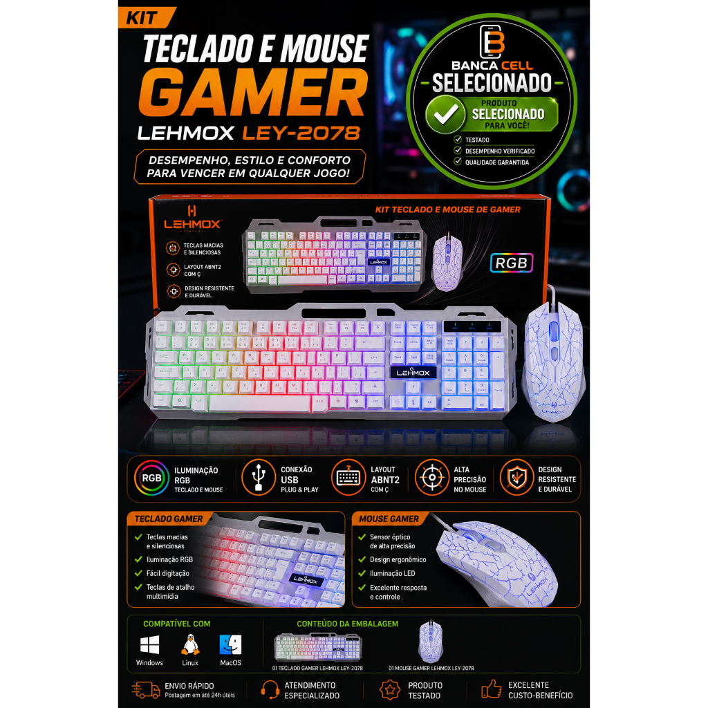 Kit Teclado e Mouse Gamer Lehmox LEY-2078 RGB USB ABNT2 LED Gamer