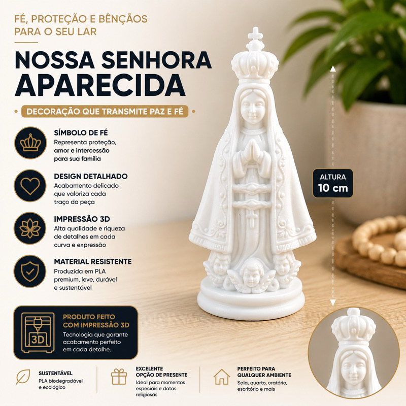 Mini Nossa Senhora Aparecida Decorativa em PLA | Imagem Religiosa para Decoração e Presente