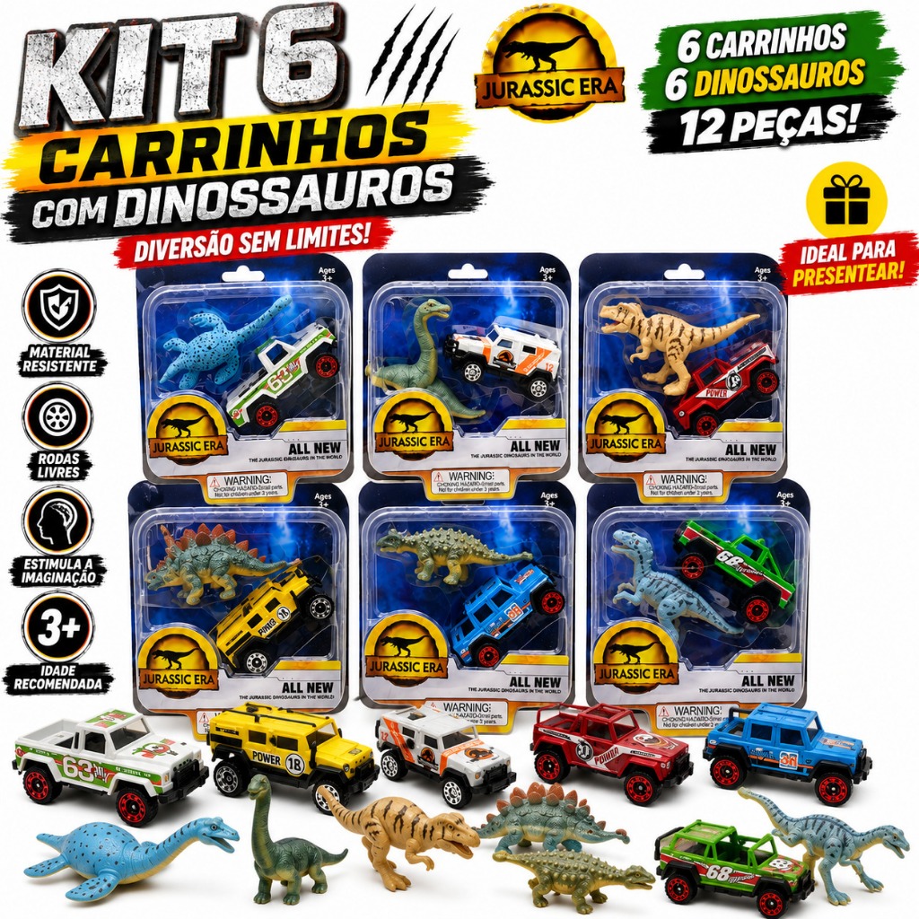 Kit 12 Carrinhos Dinossauros Jurasic Era Miniaturas Carro e Boneco Dino Colecionáveis