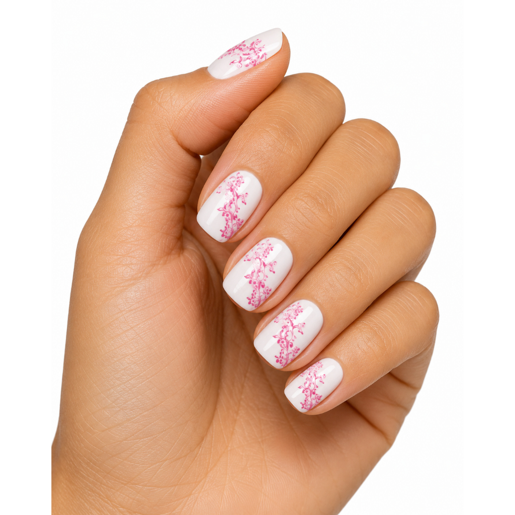Finger Queen Unhas Posticas Quadradas Curtas Francesinha Floral 24pcs com Adisivos em Gel