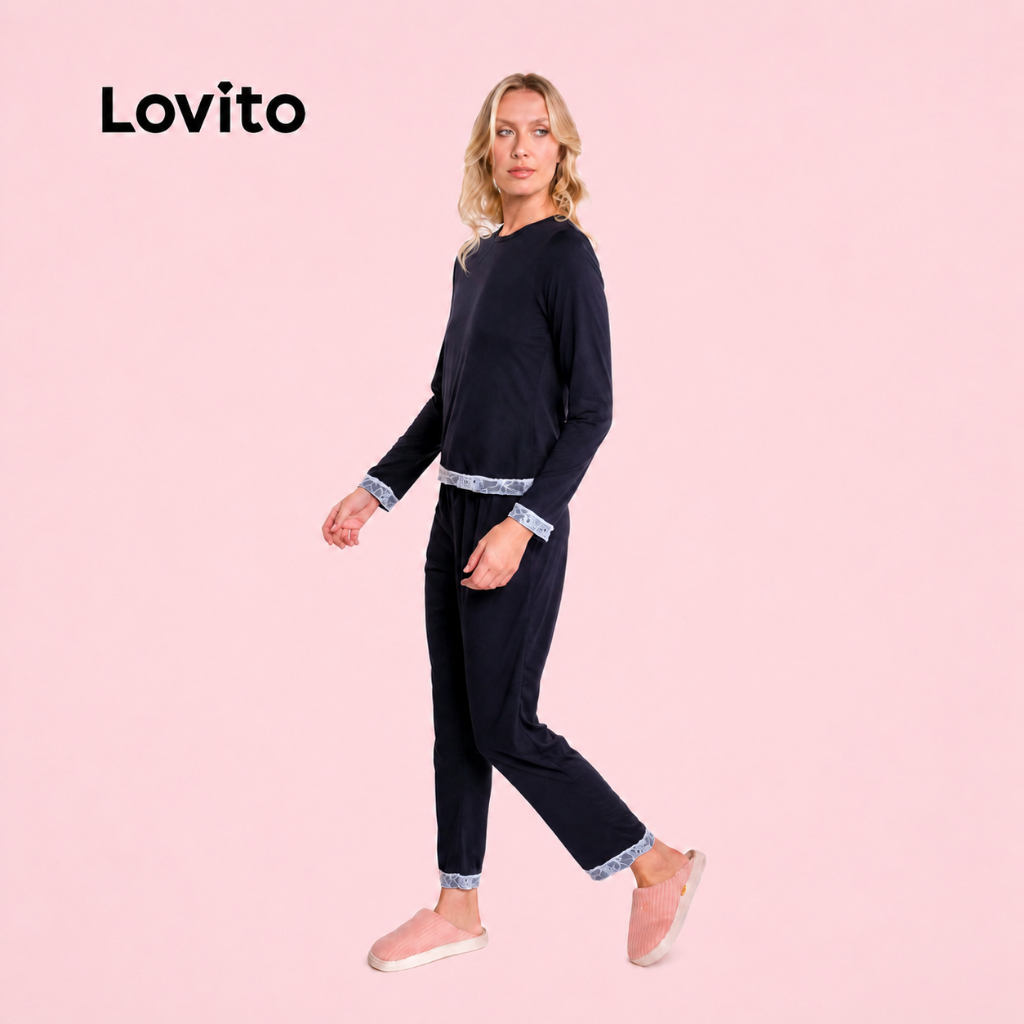 Lovito Conjunto de Pijama Longo Toque Leve Com Detalhe de Renda PJB20712104