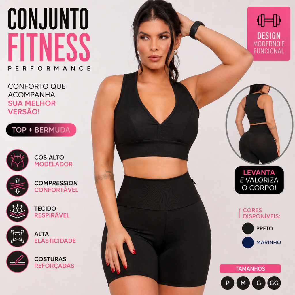 Conjunto Academia Bermuda Básica Cós Alto + Top Nadador com Bojo Removível Suplex Roupa de Treino Caminhada Feminina