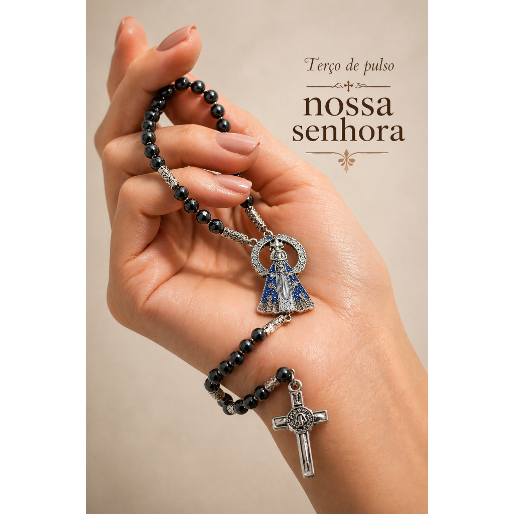 Terço de Pulso Nossa Senhora Aparecida Hematita Prateado – Pulseira Religiosa Proteção