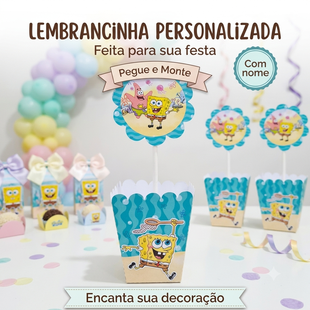 Centro de Mesa Cachepô Personalizado Bob Esponja Festa Infantil, Lembrancinha Criativa, PEGUE E MONTE