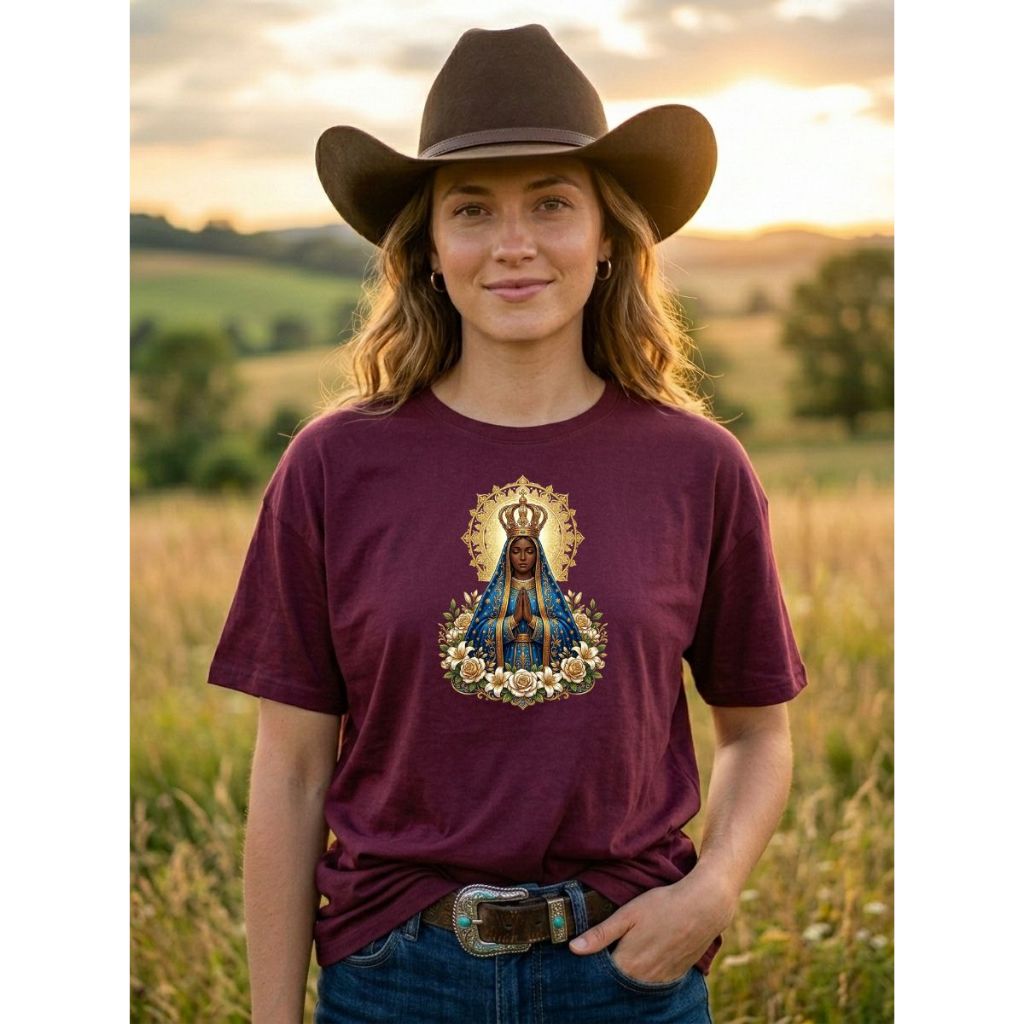 Camiseta Feminina Católica T-Shirt NOSSA SENHORA APARECIDA PADROEIRA DO BRASIL 100% Algodão PREMIUM