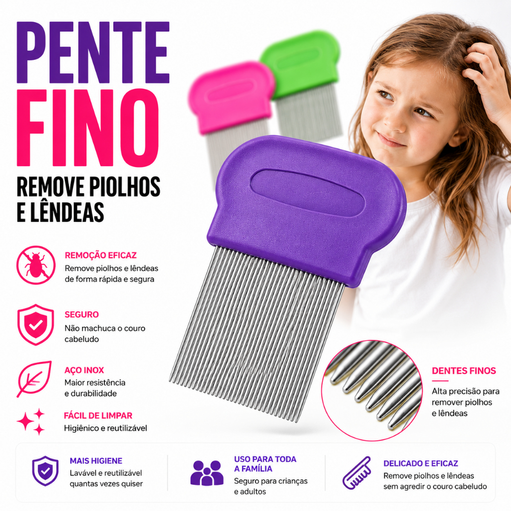 Pente Fino Extrator de Piolhos, Lêndeas, Pulgas Serve para Adulto, Crianças e Pets