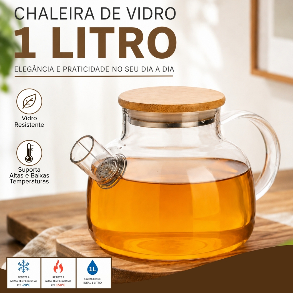 Chaleira de Vidro 1 Litro com Coador Tampa de Bambu Premium Resistente a Calor Fogo Bule infusor