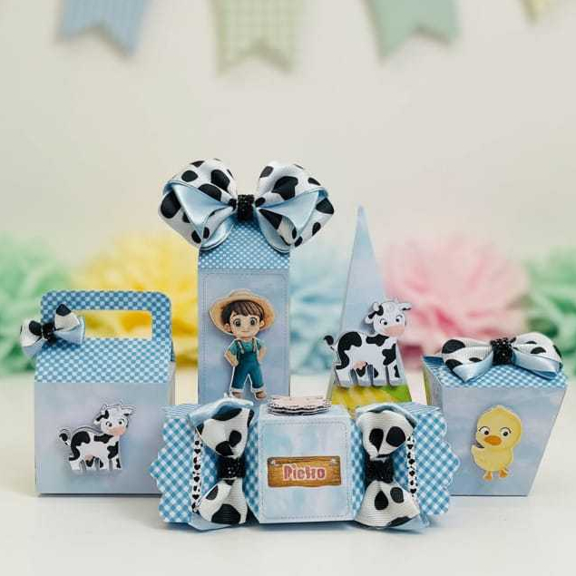 Kit Caixinhas Personalizadas Fazendinha Azul Pegue e Monte personalizados festas lembrancinhas mimos