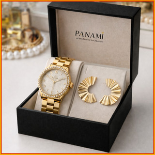 Kit Relógio Feminino Dourado Luxo + Brincos leque Elegante | Presente Dia dos namorados Panami