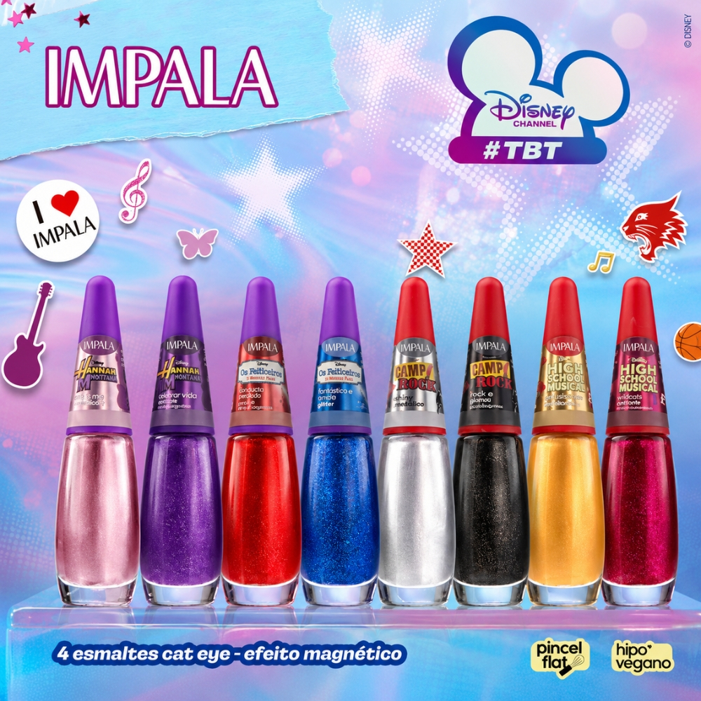 Kit Esmaltes Impala Coleção Disney Chanel Cat Eye Efeito Magnético Hipo Vegano Hannah Montana