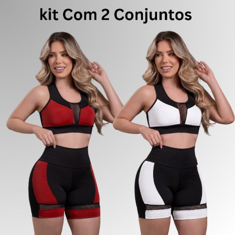 kit Com 2 Conjuntos Moda Fitness  Feminina Top Nadador e Short Cintura Alta Modeladora Academia
