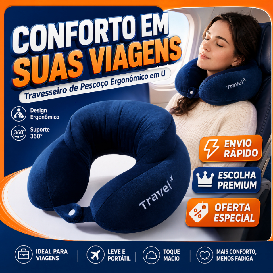 Travesseiro de Pescoço em U Ergonômico Almofada Viagem Macio Portátil Suporte 360° para Avião Carro Escritório