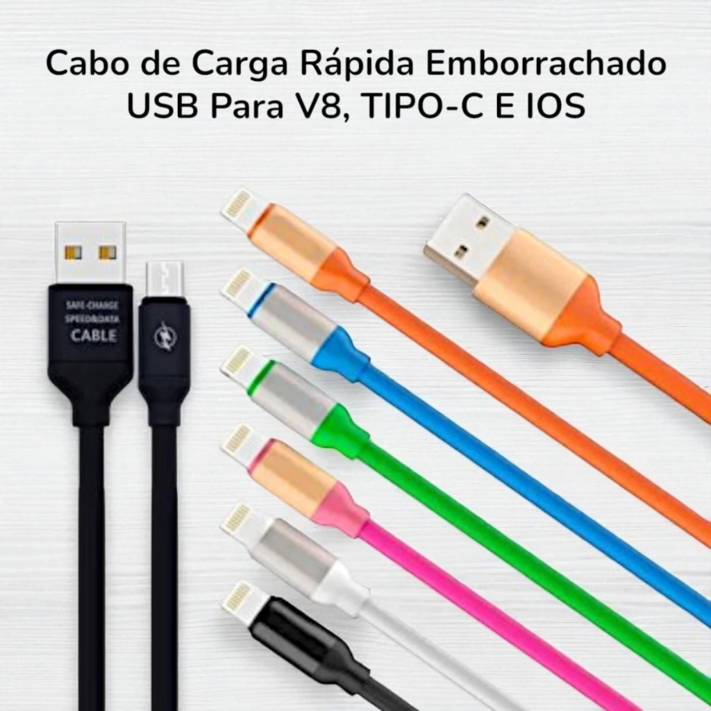 Cabo de Carga Rápida Revestido Emborrachado USB Para V8, TIPO-C E IOS