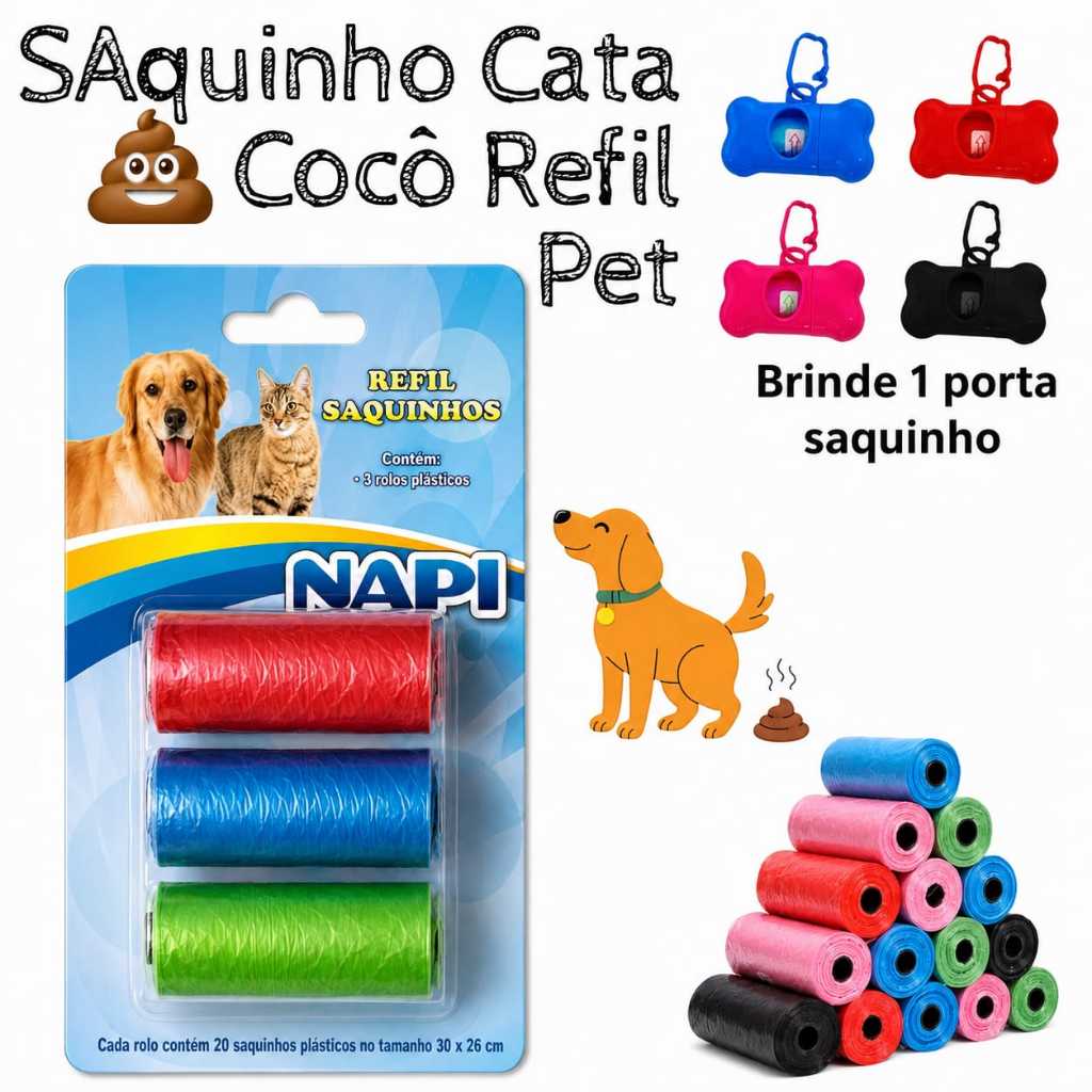 REFIL CATA COCÔ SACOLAS SAQUINHOS BIODEGRADÁVEL PET KIT + SUPORTE
