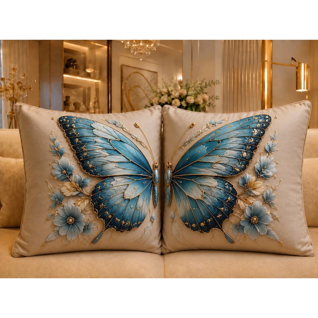 Kit 2 Capas de Almofadas Borboleta Azul Premier 45x45 - Estampada Decoração Sala
