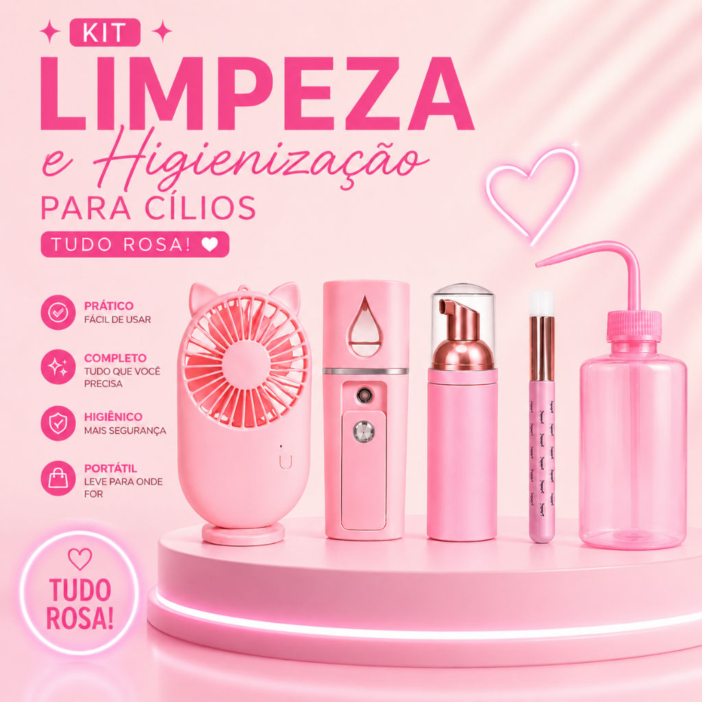 Kit Higienização Extensão de Cílios com Nano Mister, Ventilador Portátil, Pump, Pincel e Pisseta