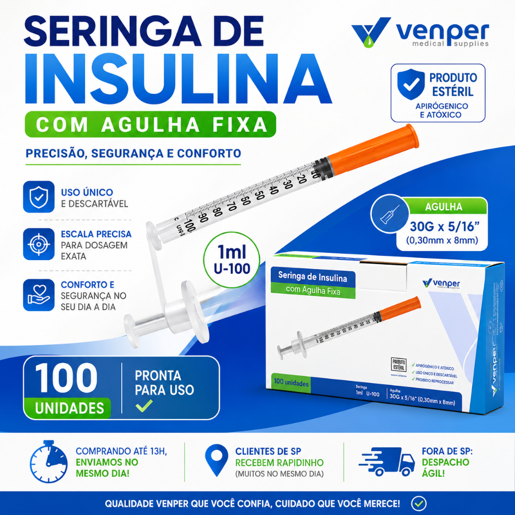100 Unidades de Seringa de Insulina 1ml U100 30G com Agulha Fixa  0,30cx8mm