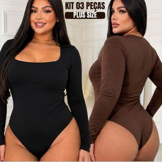 Kit 3 Body feminino plus size decote quadrado manga longa Body de frio blusa de frio segunda pele Body Preto Body Marrom