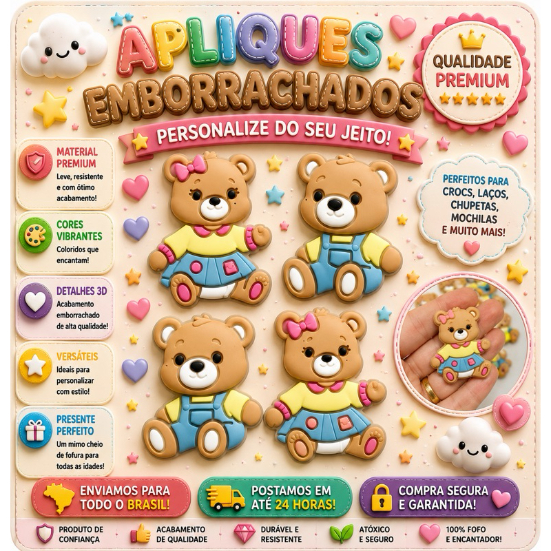 Aplique Emborrachado Infantil Ursinho Ursinha Baby Laços Tiaras Prendedores Artesanato