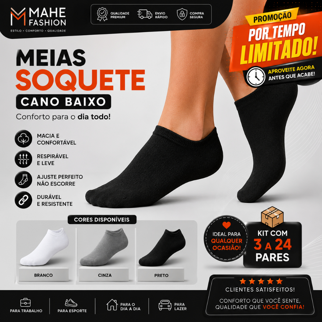 Kit Meias Soquete Unissex Cano Baixo Confortável Tradicional Casual Dia a Dia 3 a 24 Pares