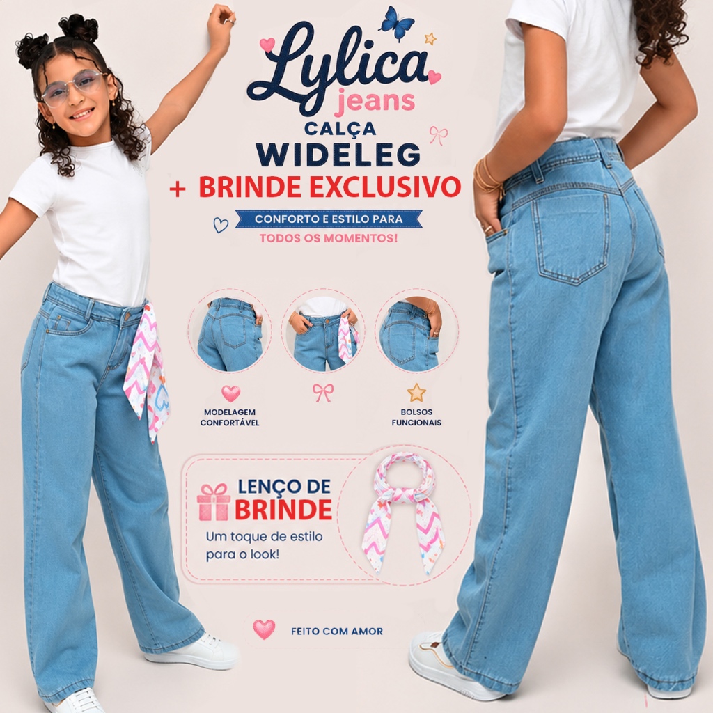 Calça Jeans Infantil Feminina WideLeg Azul Clara Lenço Juvenil 8 a 16 Anos Exclusivo Alto Padrão