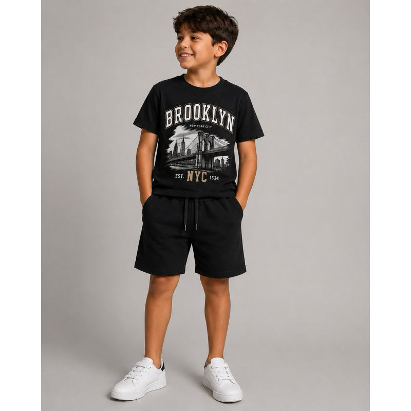 conjunto infantil, menino, camiseta, Brooklyn, bermuda moletinho, preto, casual, confortável, verão e 2 ao 16.