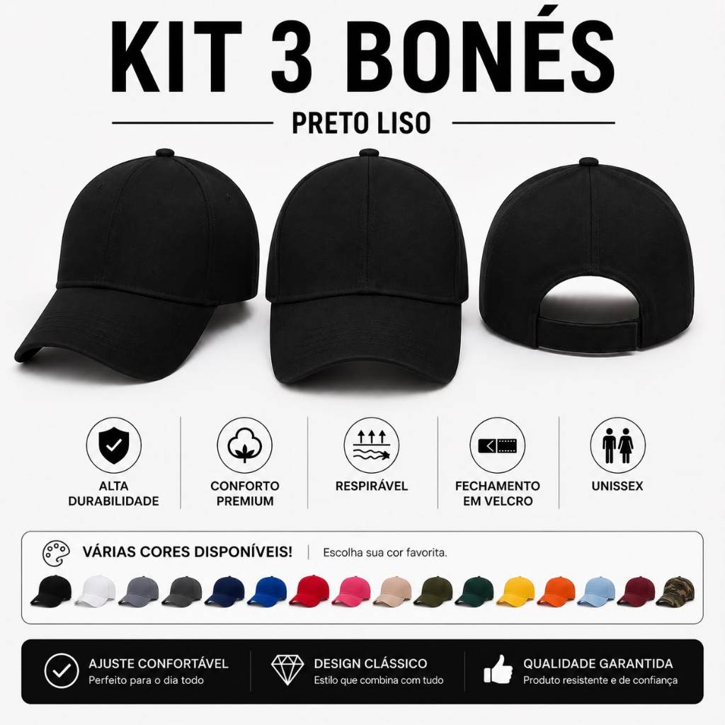 Kit 3 Bonés Masculino Feminino Ajustável Liso Brim Algodão Envio Rápido