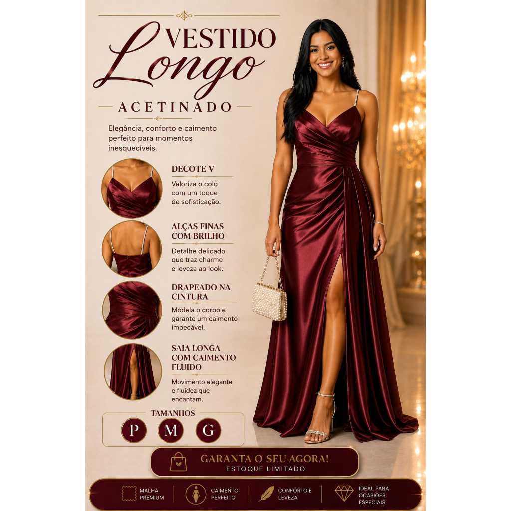 VESTIDO LNGO FESTA ACETINADO;  TEM BOJO TEM ZIPER NAS COSTAS, COM ALÇAS STRASSP. M. G. GG