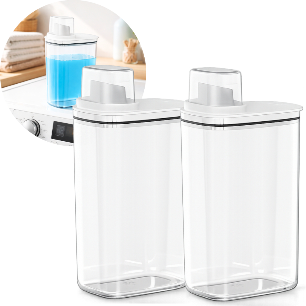 Kit Dispenser Sabão Líquido E Amaciante 2,3L Organizador Lavanderia Porta Sabão Em Pó Dosador Transparente