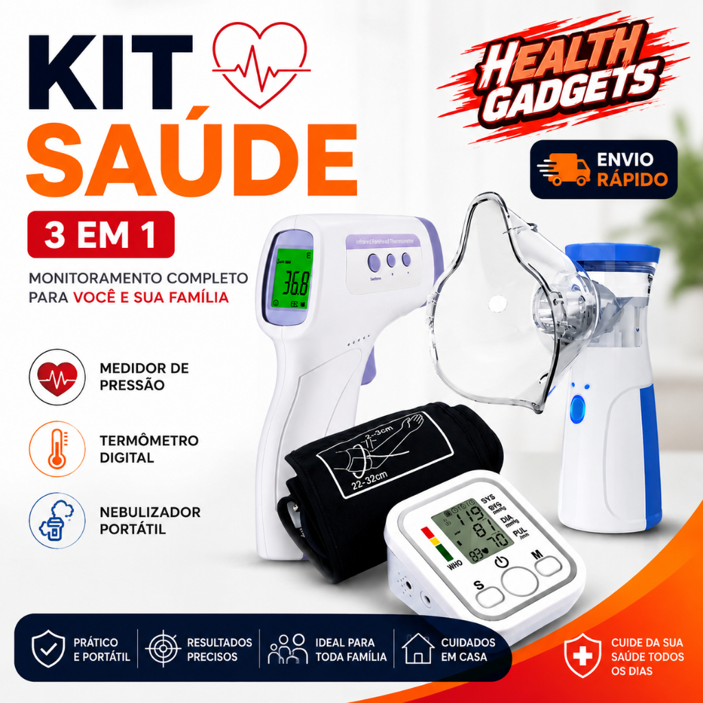 Kit 3 em 1: Nebulizador Silencioso + Aparelho de Pressão C/ Voz + Termômetro Infra