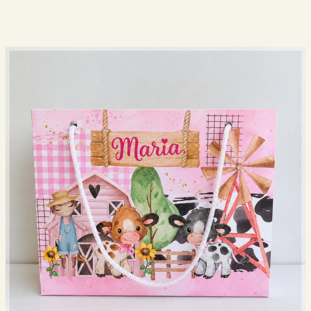 sacolinha personalizada pegue e monte fazendinha menina-lembrancinha personalizada-festa personalizada