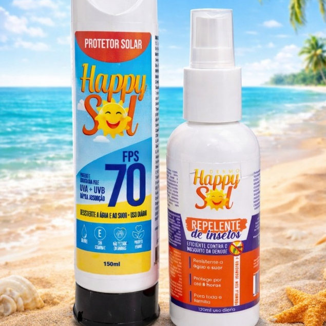 🌞 Kit Happy Sol: Protetor Solar TOQUE SECO FPS 70 + Repelente — Proteção Total para Dias de Verão!
