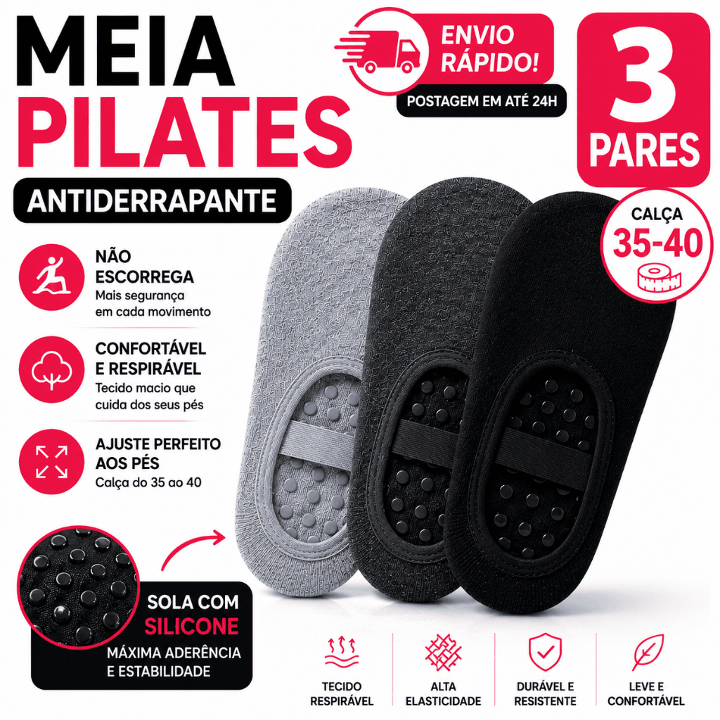 Meia Pilates Antiderrapante Sapatilha Feminina p/ Yoga Academia Hidroginástica Confortável Algodão Poliéster Elastano