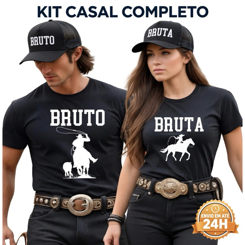 Kit Casal Bruto E Bruta Camiseta + Boné Trucker Country Masculino Feminino Presente Namorados Algodão Envio 24h