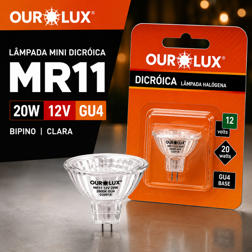 Lampada Mini Dicroica MR11 20W 12V GU4 Bipino Clara Ourolux Original