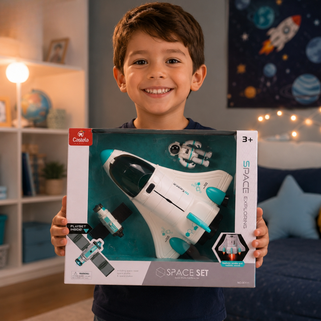 Brinquedo Infantil Playset Nave Espacial Efeito Lança Fumaça Com Luz Som e Satélite - Castela