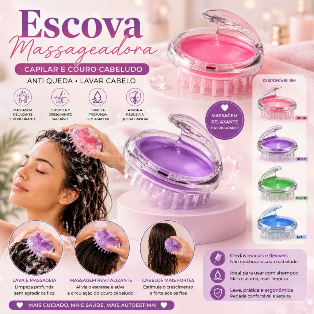 Escova Massageadora Capilar  Couro Cabeludo Anti Queda Lavar Cabelo