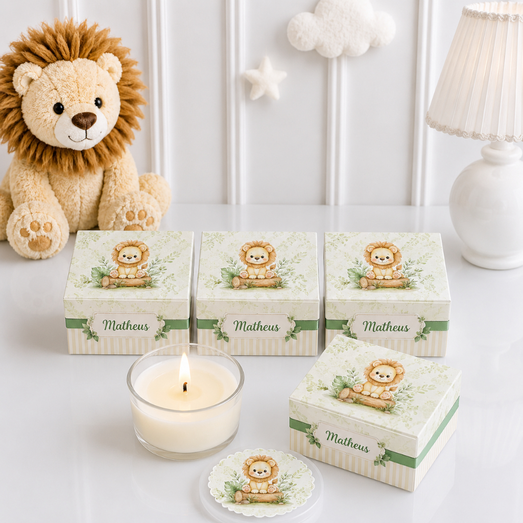 Lembrancinha de Maternidade Velas aromatizadas leão safari baby.