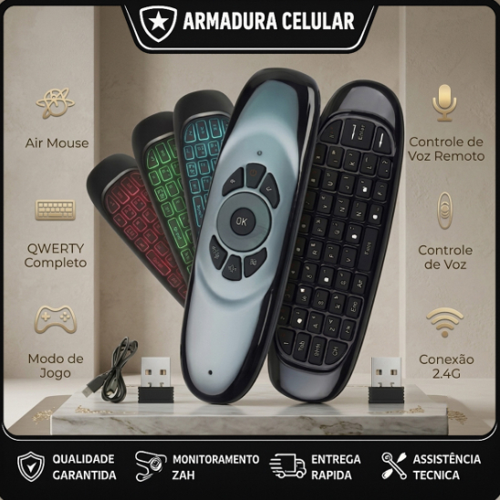 “Controle Air Mouse LE-7679 Sem Fio 2.4G com Teclado e Comando de Voz – Smart TV, Android, PC e Projetor”