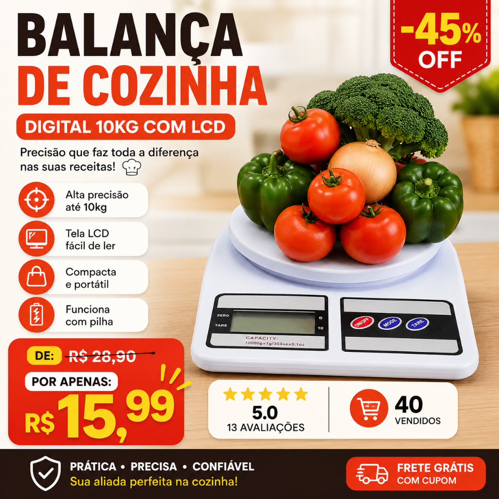 Balança de Cozinha Digital 10kg Precisão Eletrônica com Tela LCD portátil pilha