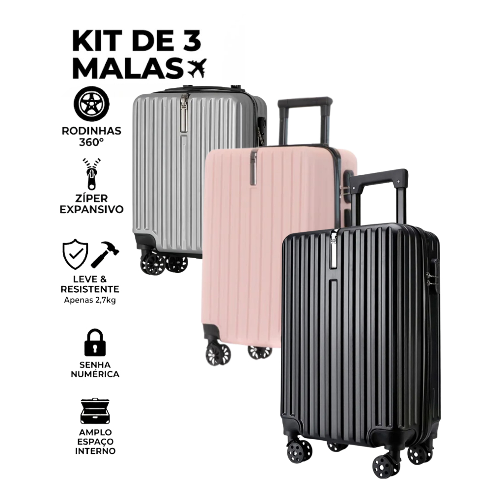 Kit 3 Malas de Bordo Bagagem de Mão Viagem Avião Carro Anac Compacta