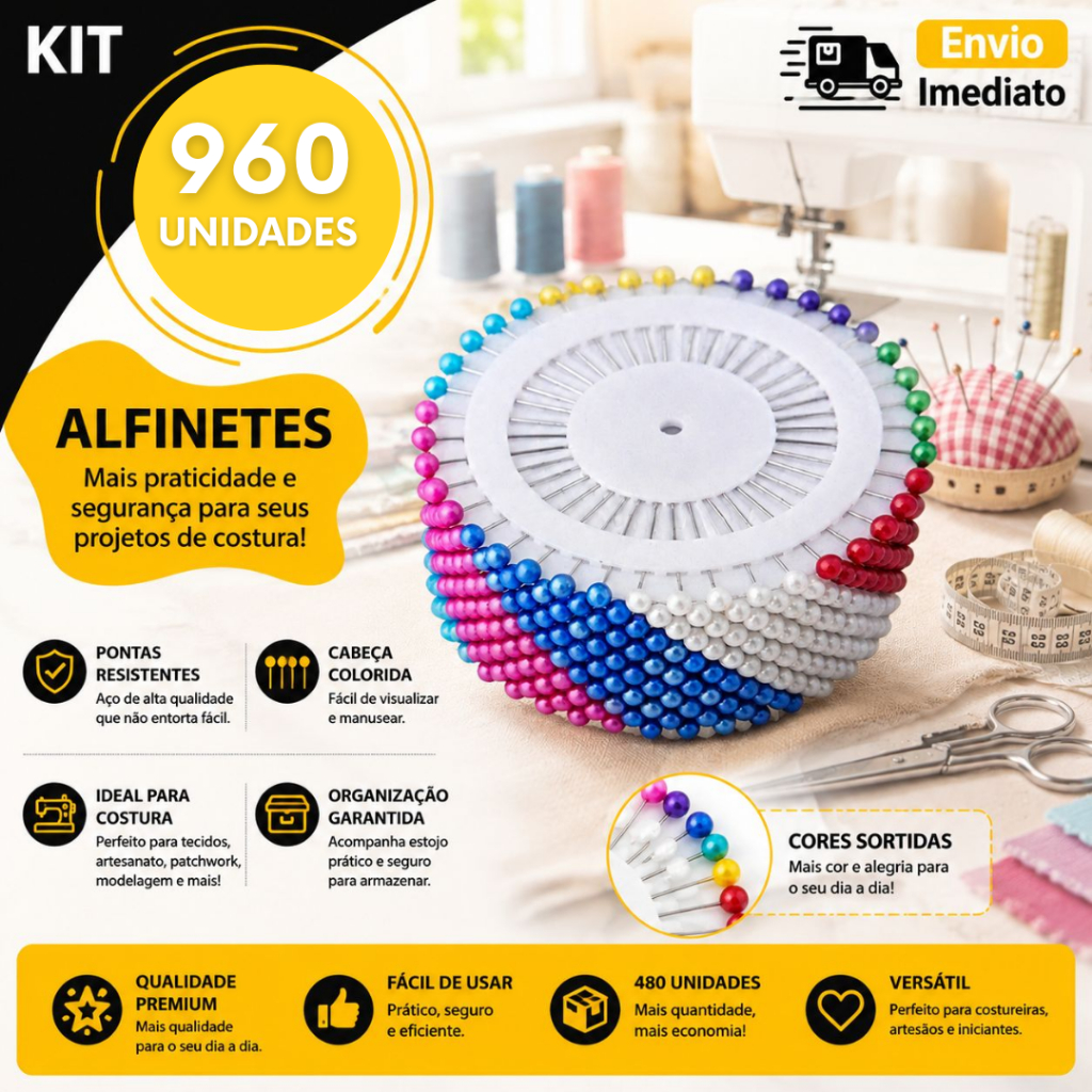 Alfinete com Cabeça Colorido Para Costura Artesanato Premium Utilidades Alfinetes 960 OU 480 UN