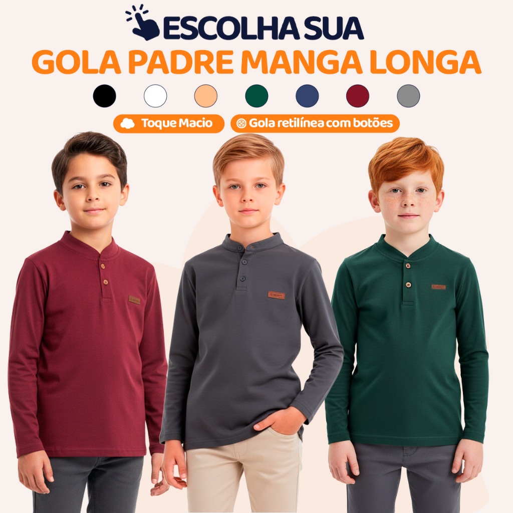 Camisa Infantil Menino Gola Padre Manga Longa Camisa Bebê Masculina Básica e Elegante
