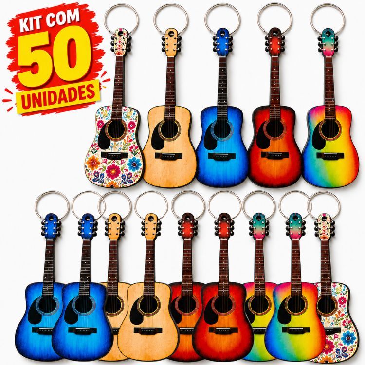 Kit 50 Chaveiros De Violão MDF Colorido 6mm com Argola Instrumento Musical Lembrancinha Decoração