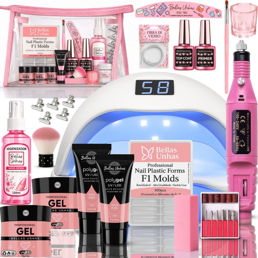 Kit Alongamento de Unha em Gel Polygel Poligel Fibra 3 em 1 Completo Cabine Lixadeira Nécessaire