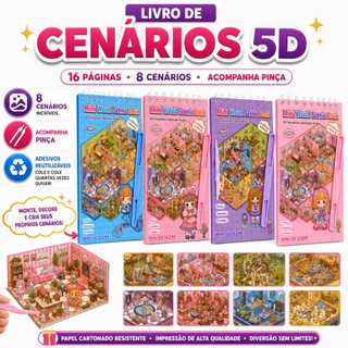Livro Adesivo 5D Com 16 Páginas 8 Cenários E 8 de Figurinhas Educativo Infantil Com Pinça