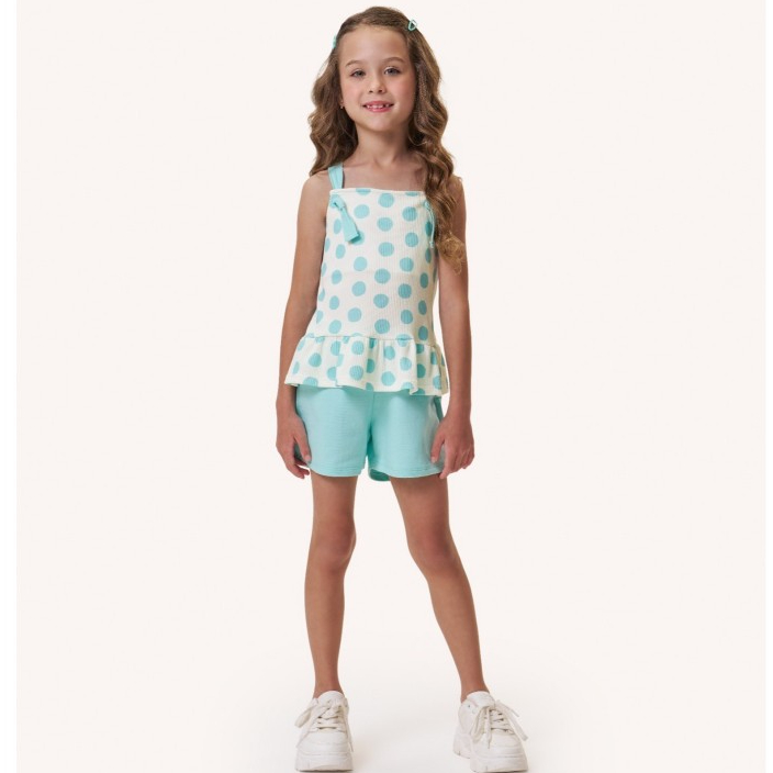 Conjunto Infantil Feminino Tileesul Regata Estampada Poá e Short Casual Menina Verão 4 a 10 anos