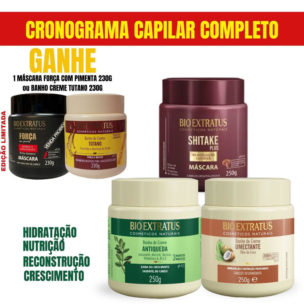 Kit Cronograma Capilar Completo BioExtratus 3 Máscaras 250g + BRINDE Masc Força com Pimenta ouTutano